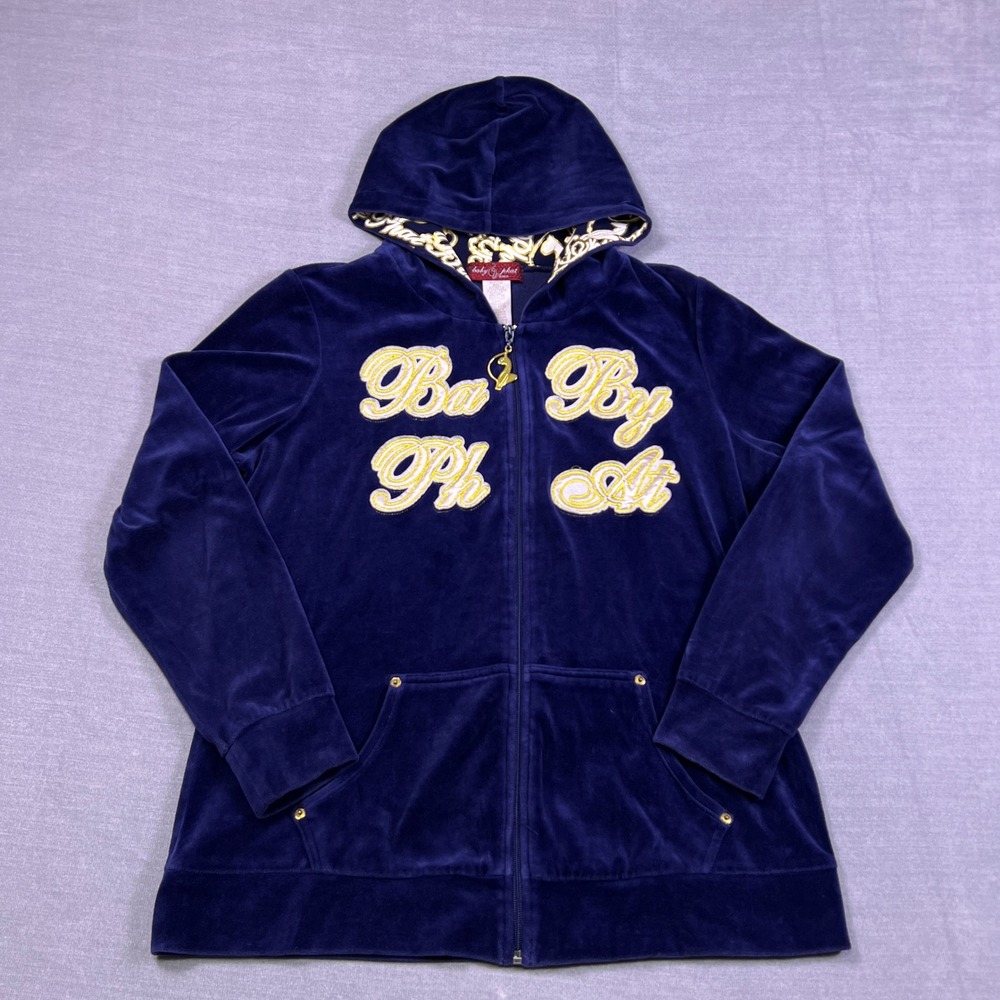 Baby Phat Velour Zip Up Hoodie Logo Cat‎ Y2K Sweatshirt Women 1X Navy Blue Gold